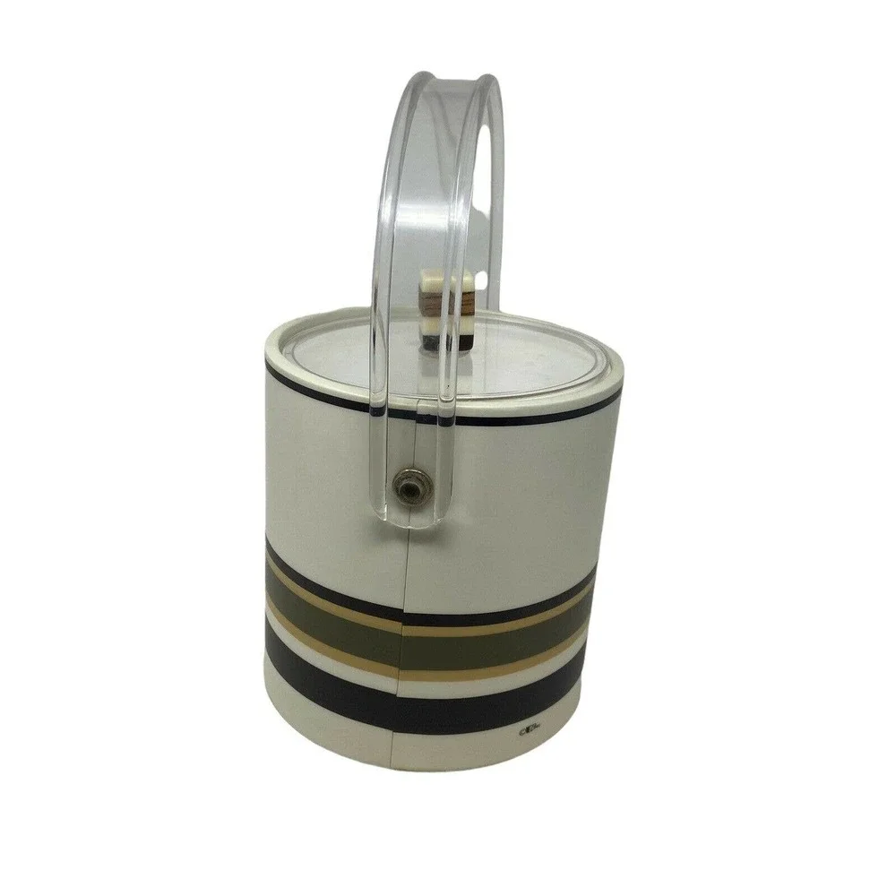 Cera Vintage MCM Striped Cream/Brown Plastic Ice Bucket w/ Lucite Handle
